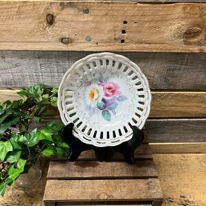 Vintage Schumann Bavaria Japan Reticulated  Bowl with Pink and Yellow Roses